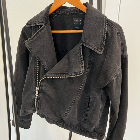 Forever 21 Black Denim Off center zipper jacket - Picture 2 of 2